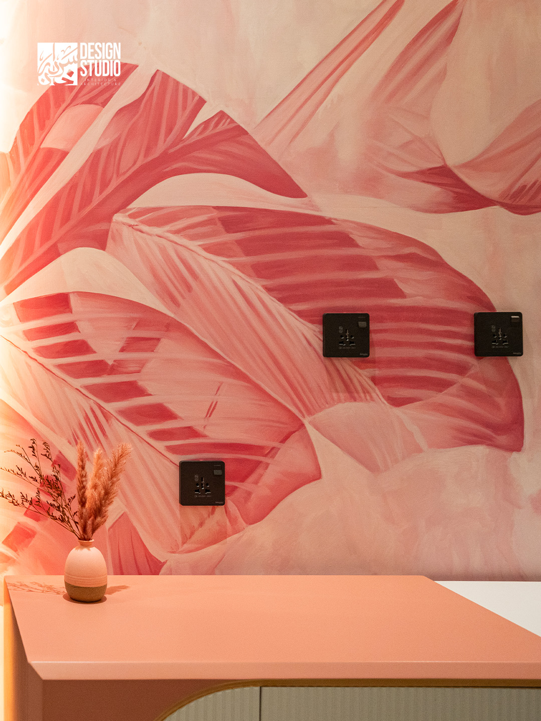Bedroom overview with soft blush and sage palette - DHA Rumanza Design