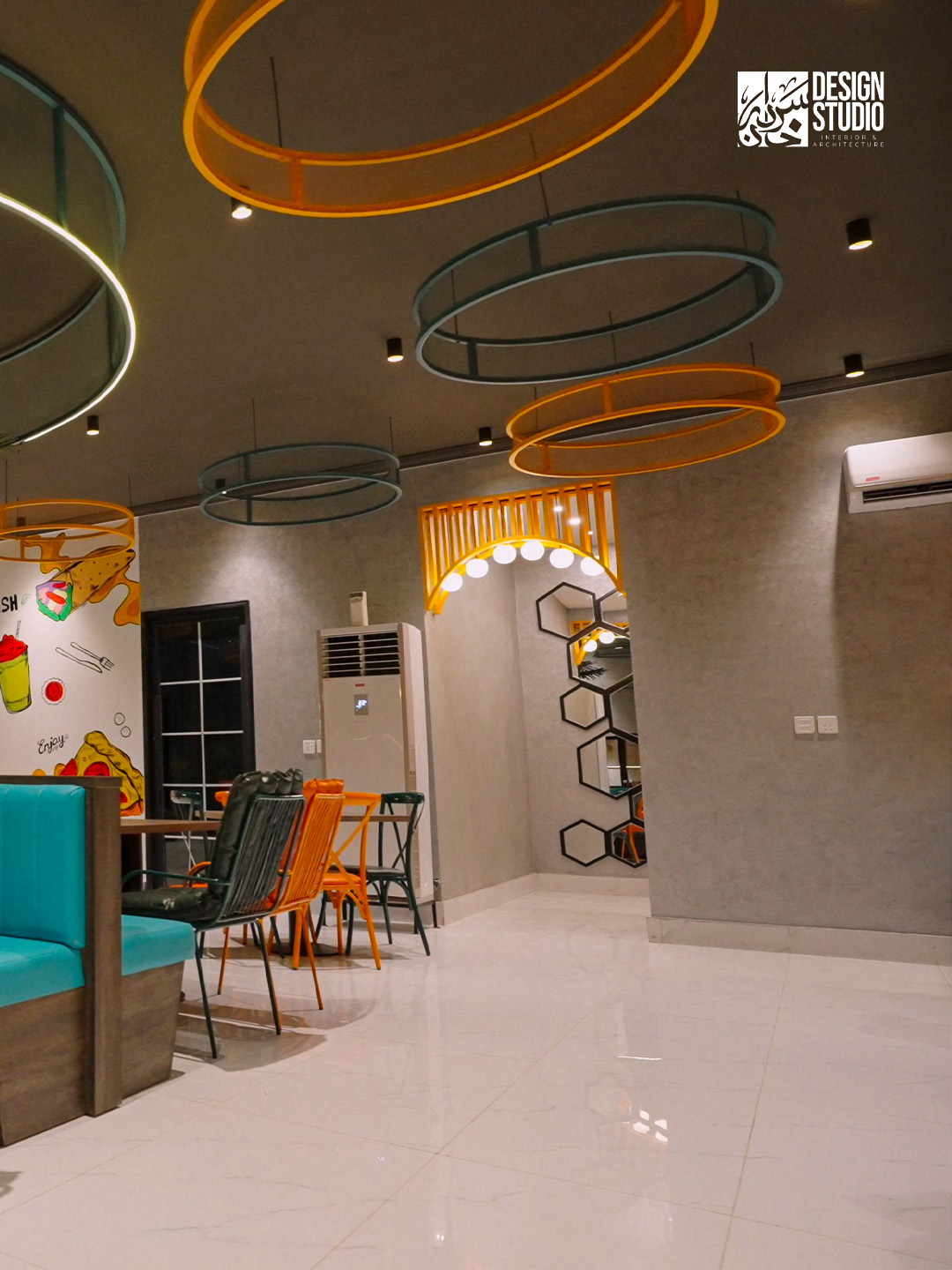 Overhead view of dining space and ceiling details - Commercial Design Pakistan